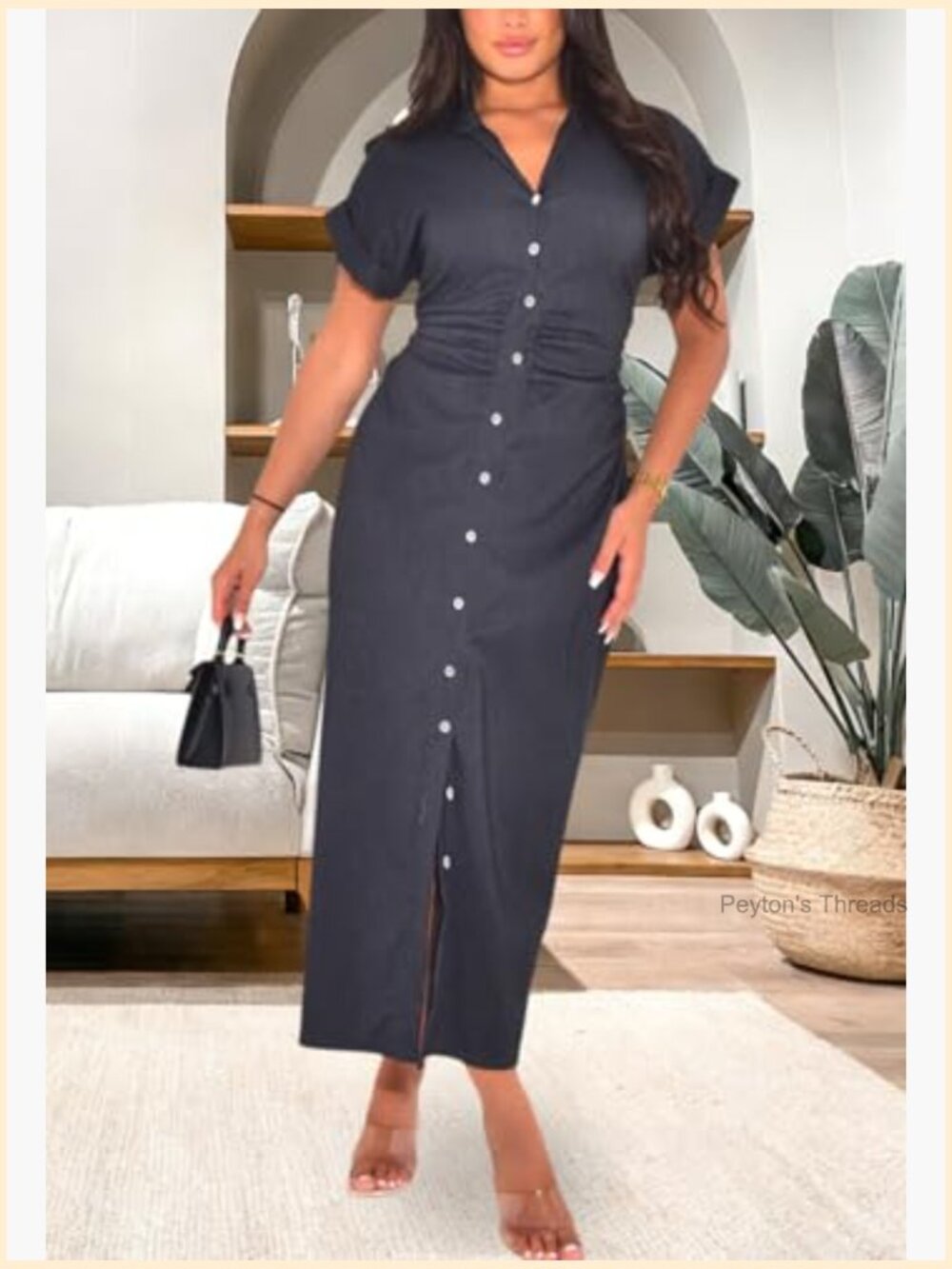 Short Sleeve Denim Shirt Dress Casual Button Down Ruched Long Dress Slim Fit - Picture 3 of 7